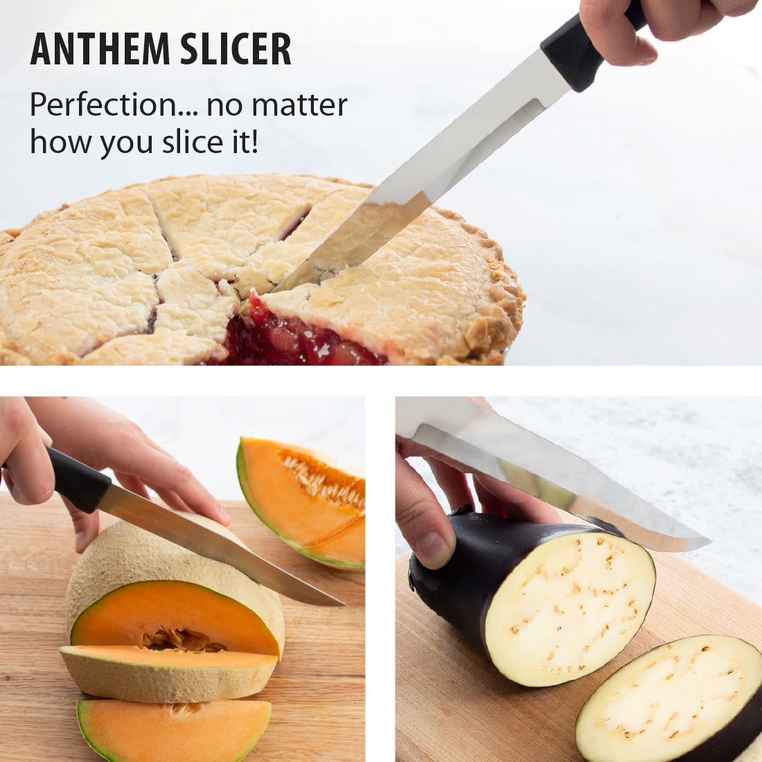 The Anthem Wave Slicer on a wood cutting board with sliced meat and bread