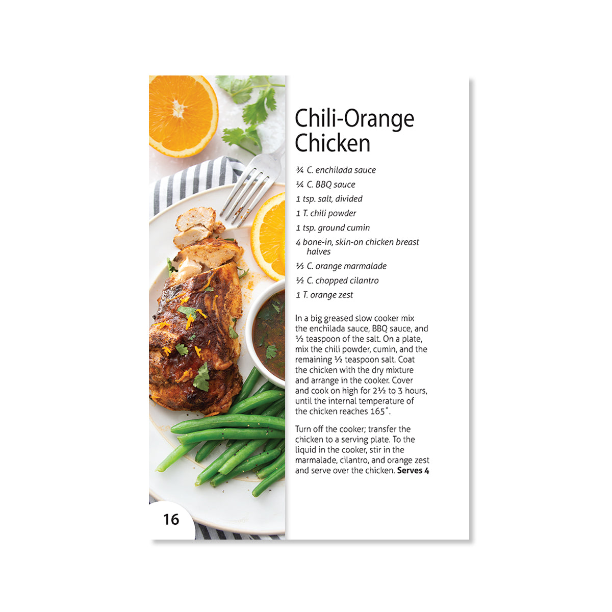 Page 16 showing the recipe for Chili-Orange Chicken, serves four.