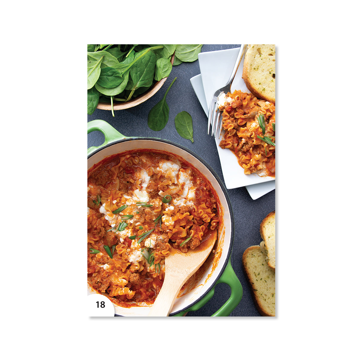 Page 18 showing the recipe for one-pot lasagna, serves four.