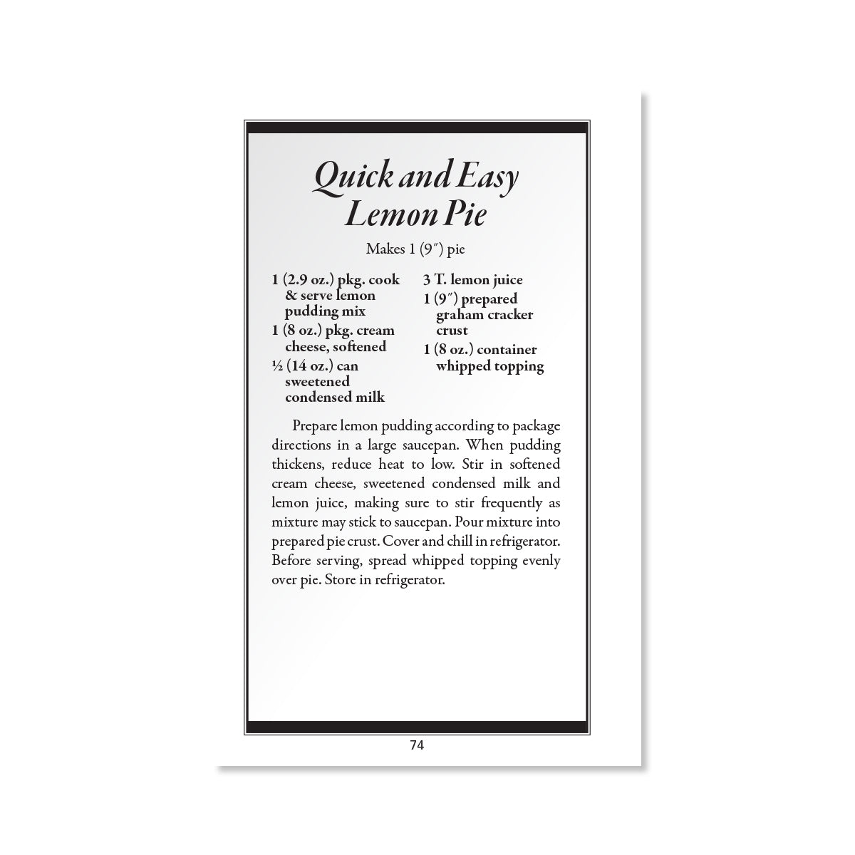 Page 74 showing the Quick and Easy Lemon Pie recipe.