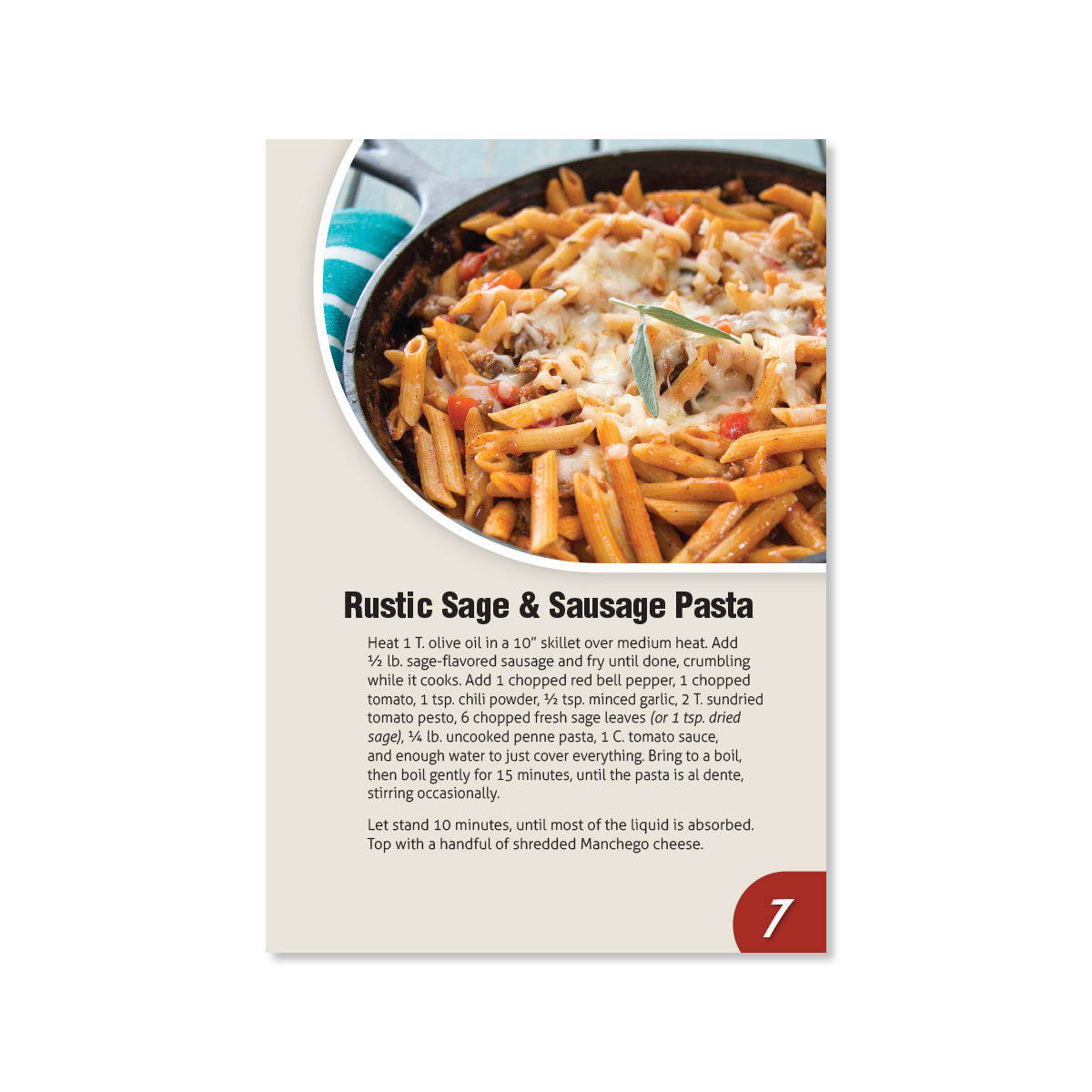 Page 7 showing Rustic Sage and Sausage Pasta in a skillet.
