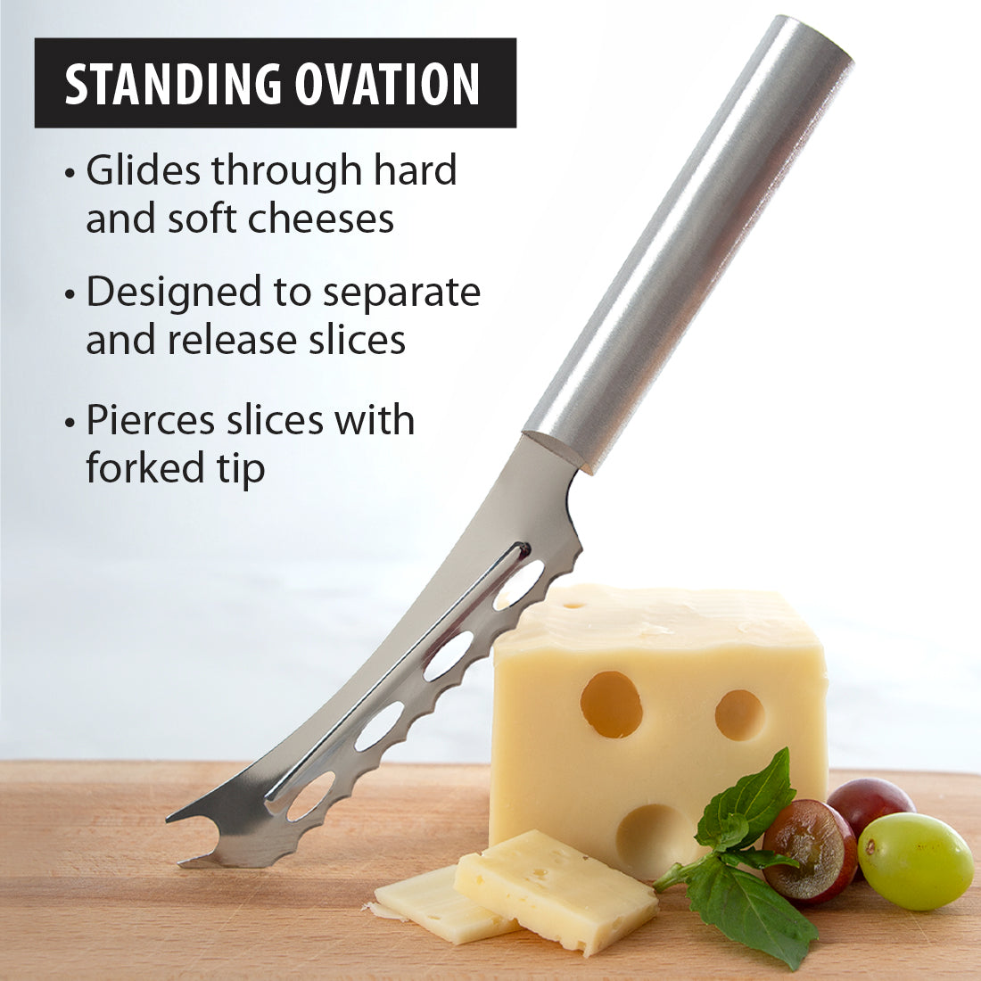 Cheese knife with cheese and grapes on a wooden board, featuring product details.