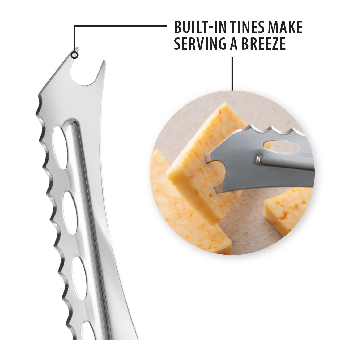 Cheese slicer with built-in tines on a white background