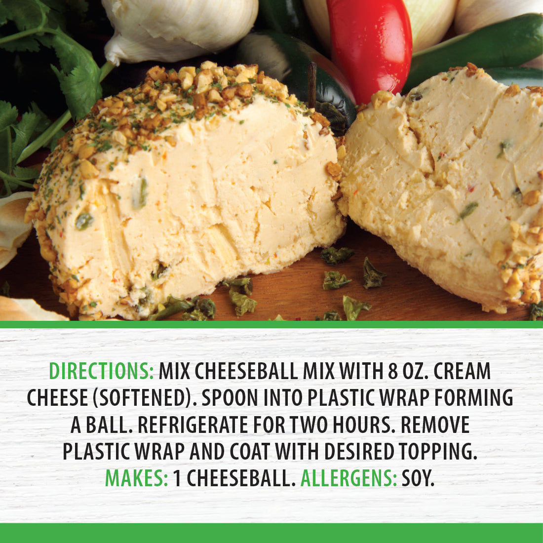 A close up shot of a Jalapeno Cheeseball with directions
