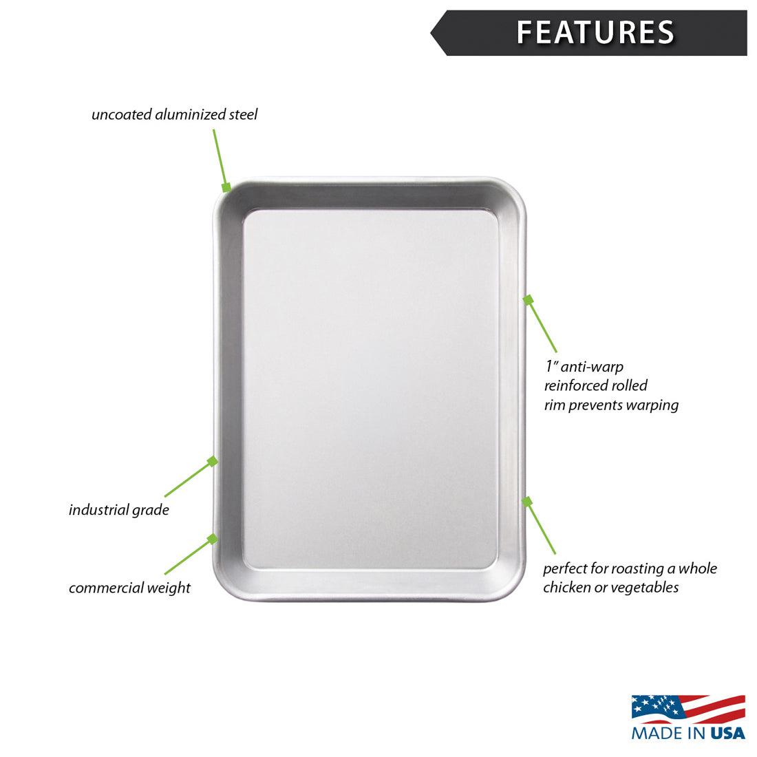 An infographic of the Quarter Sheet Pan from Rada Cutlery with features highlighting its uncoated aluminized steel, commercial weight, industrial grade performance, and anti-warp rolled rim on a white background.