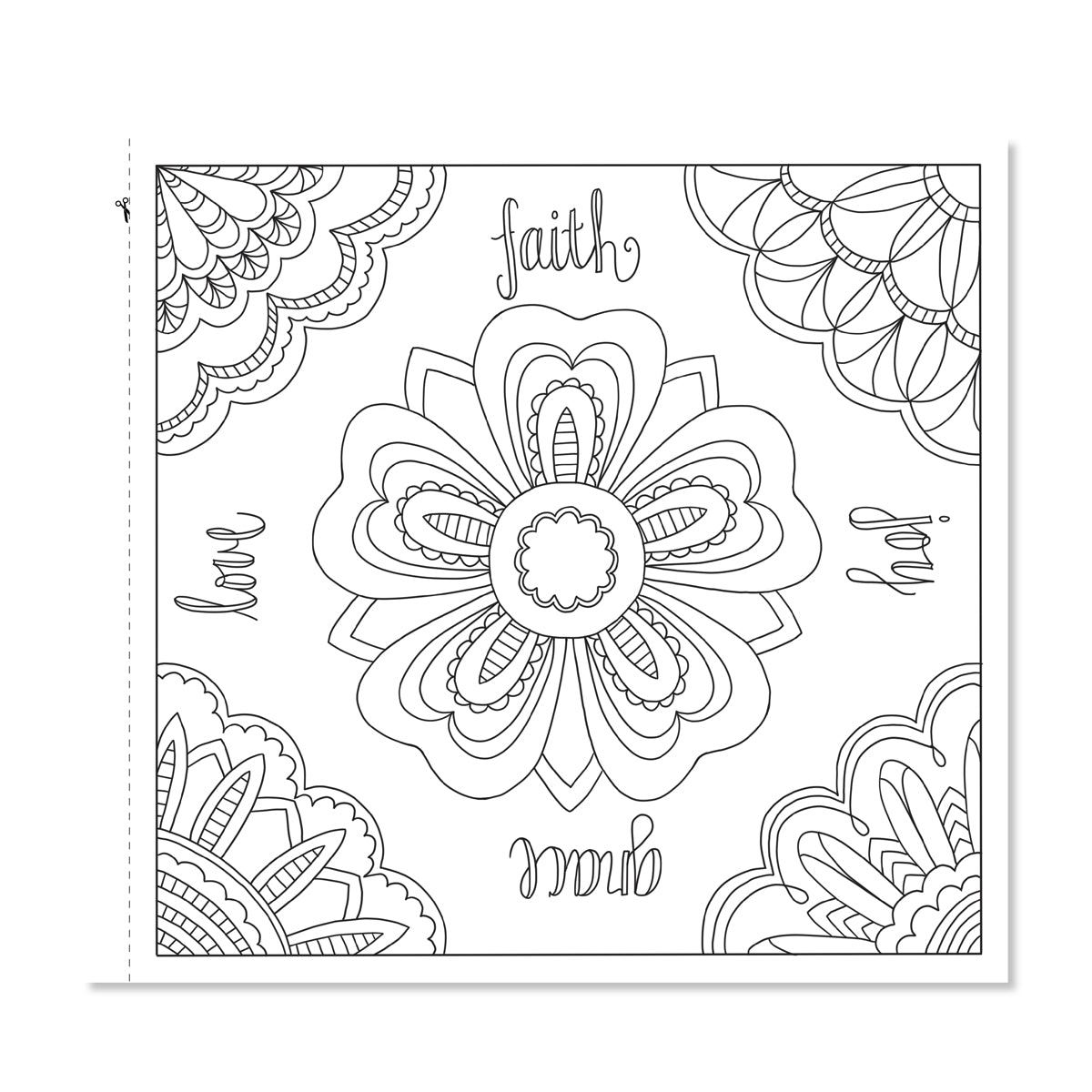 A sample page from Colorful Blessings showing a mandala-style flower with words on each side. Love, Faith, Joy, Grace.