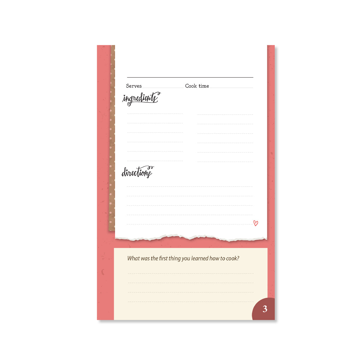 A sample page showing a space to write a recipe. What was the first thing you learned how to cook?