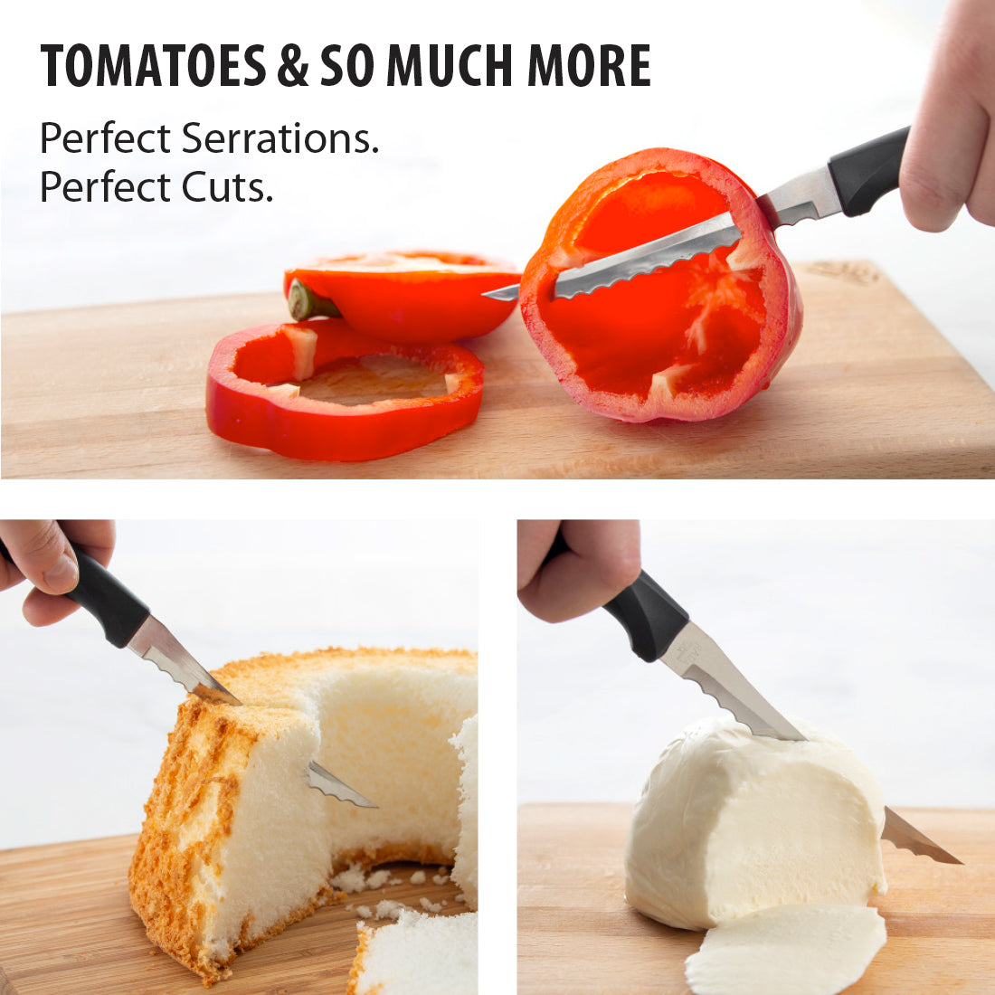 An Anthem Wave Tomato Slicer on a tan cutting board with sliced tomatoes