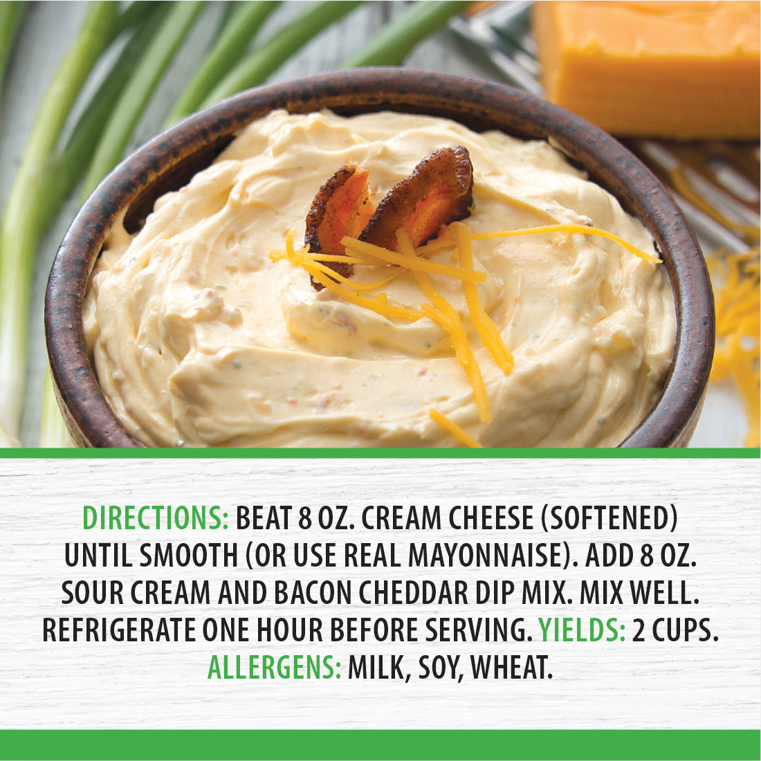 A bowl of Bacon Cheddar Dip with directions