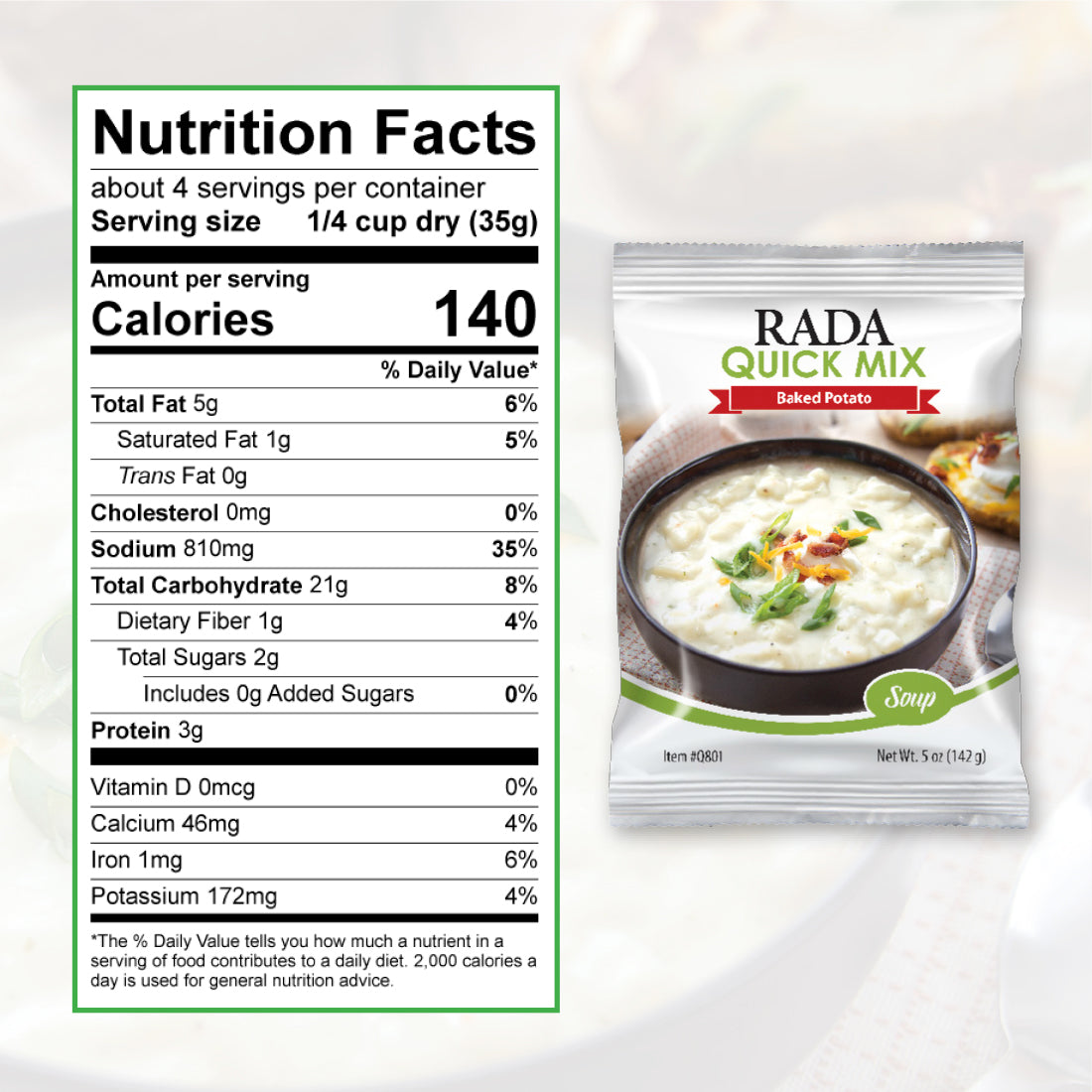 A packet of Baked Potato Soup quick mix with nutrition facts