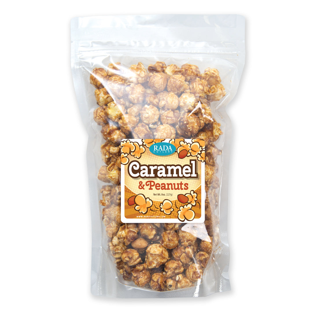 Caramel & peanuts in a resealable bag with a Rada Cutlery logo on the front.