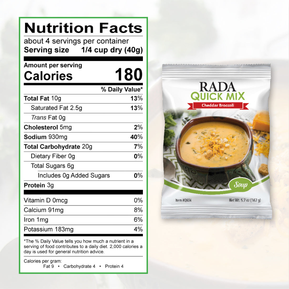 A packet of Cheddar Broccoli Soup quick mix with nutrition facts