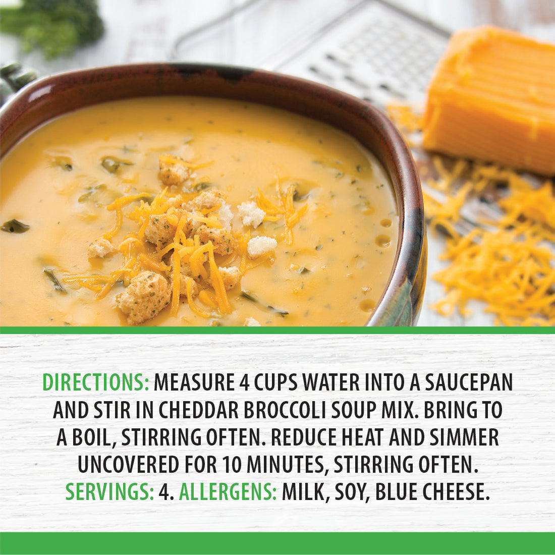 A bowl of Cheddar Broccoli Soup with directions