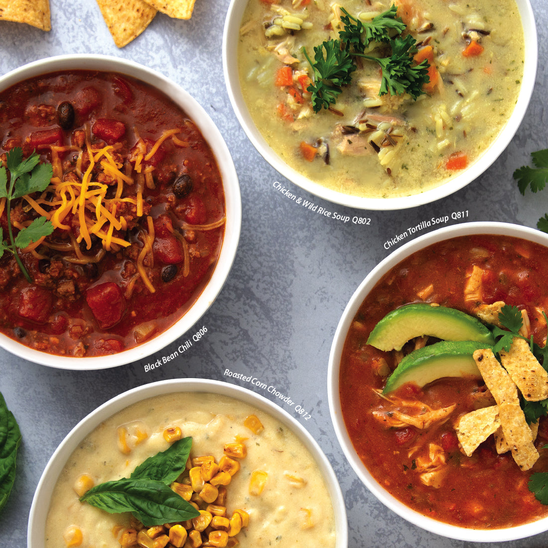 Chicken and Wild Rice Soup, Black Bean Chili, Roasted Corn Chowder, and Chicken Tortilla Soup.