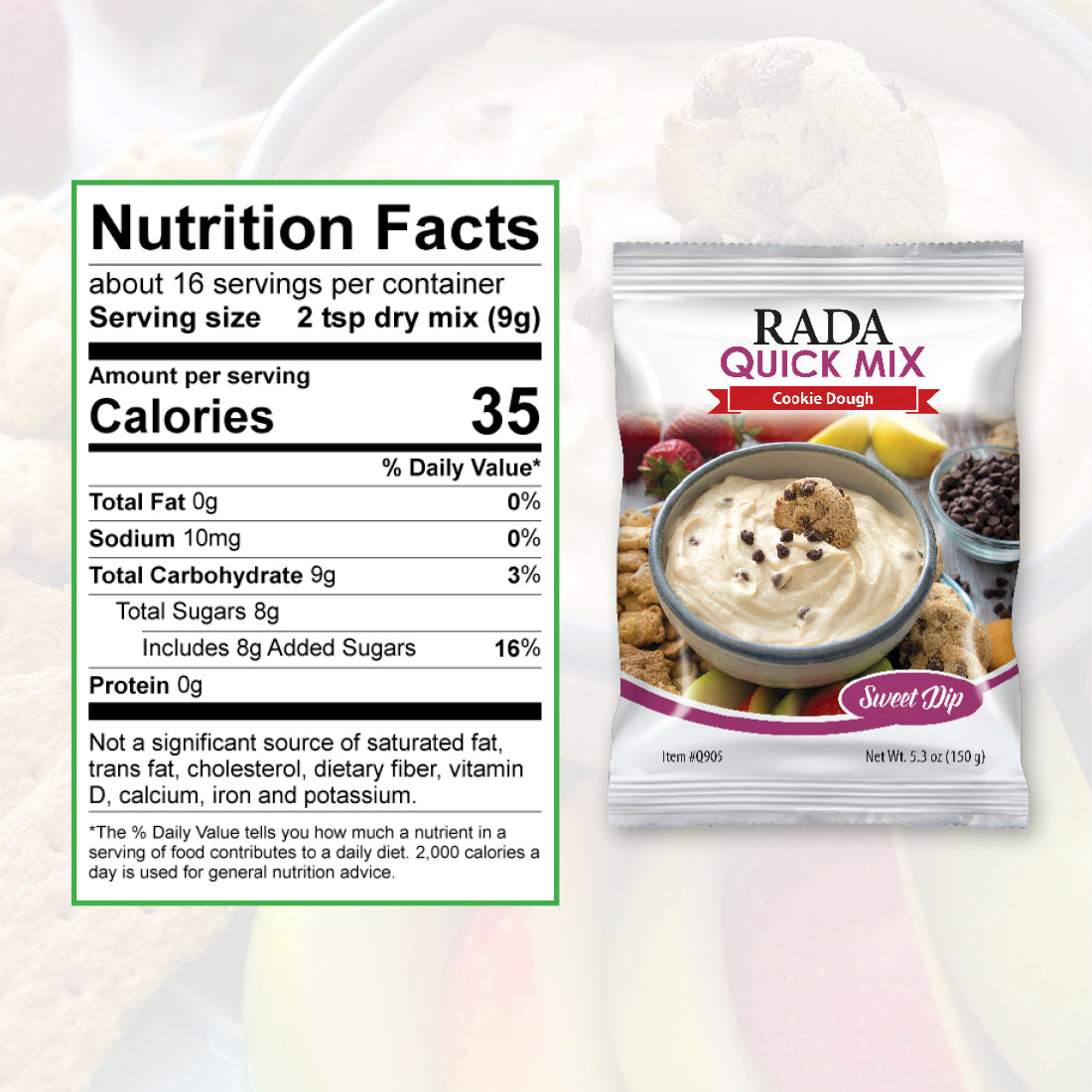 A packet of Cookie Dough Sweet Dip quick mix with nutrition facts