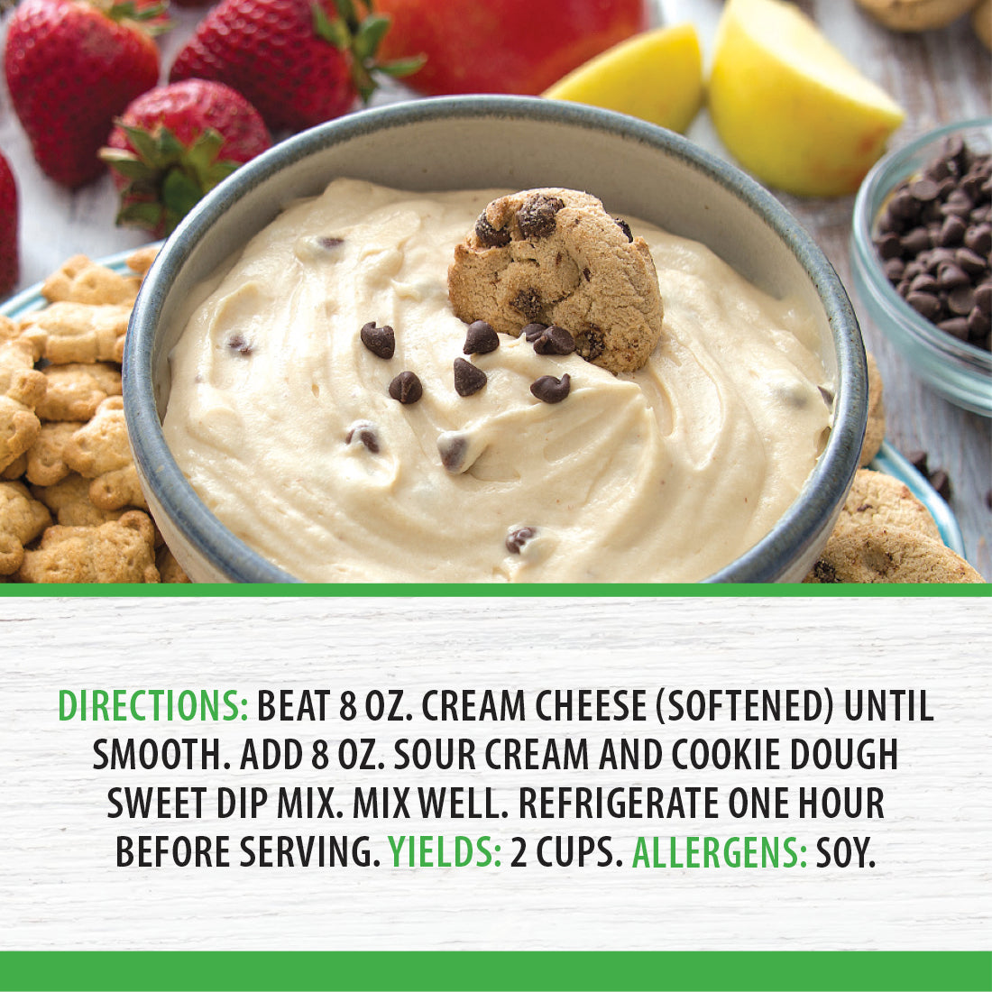 A bowl of Cookie Dough Sweet Dip with directions