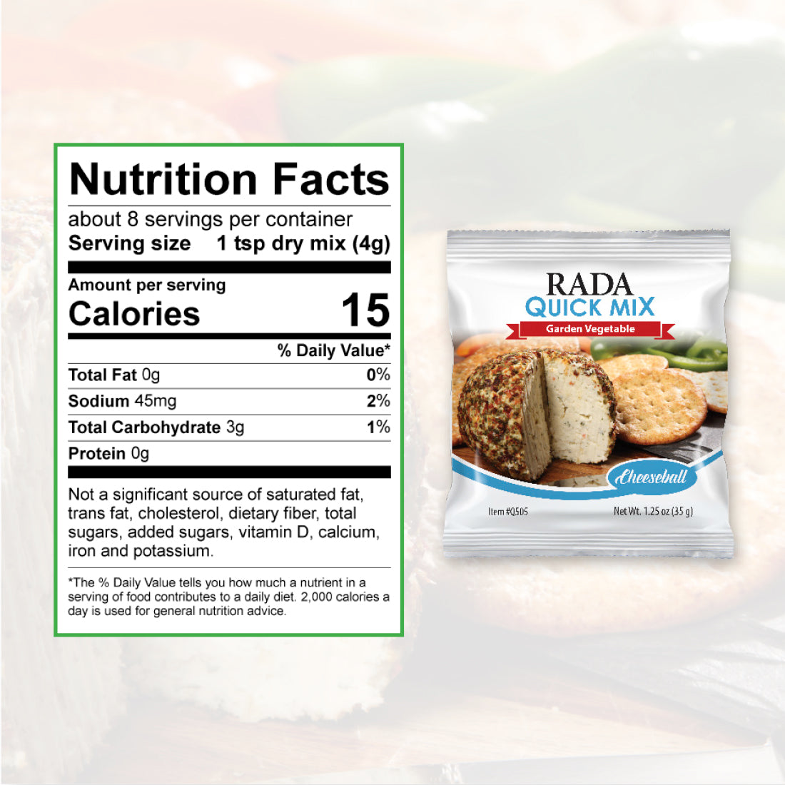 A packet of Garden Vegetable Cheeseball quick mix next to nutrition facts