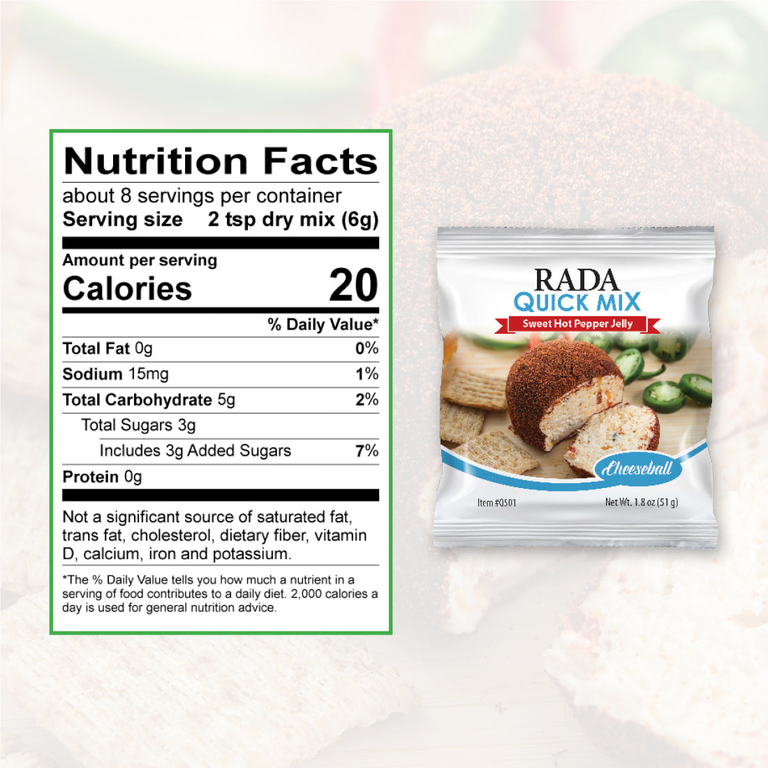 A packet of Sweet Hot Pepper Jelly quick mix with nutrition facts. About 8 servings per container. Serving size 2tsp dry mix