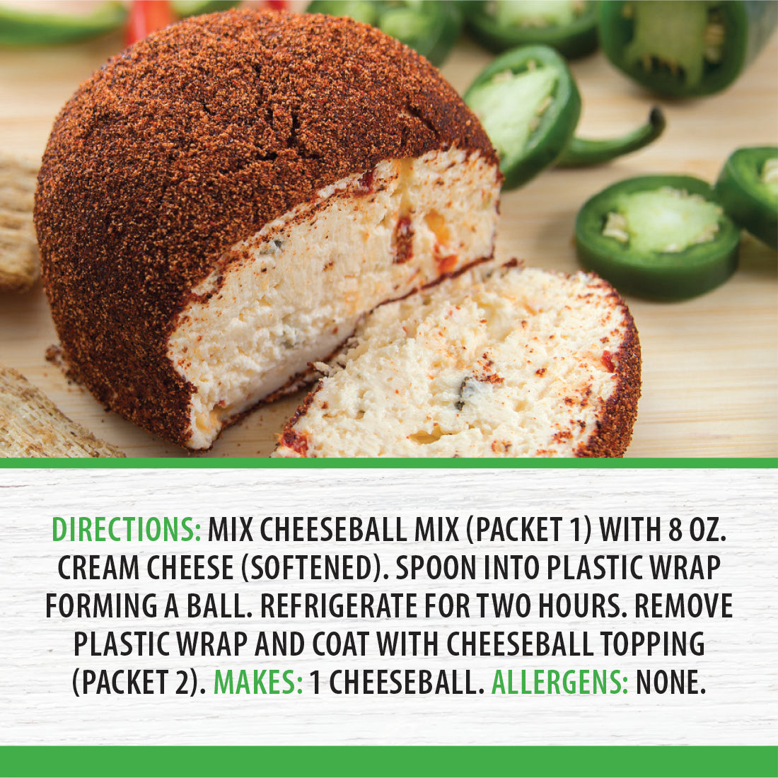 A Sweet Pepper Jelly Cheeseball on a wood cutting board surrounded by peppers and crackers.