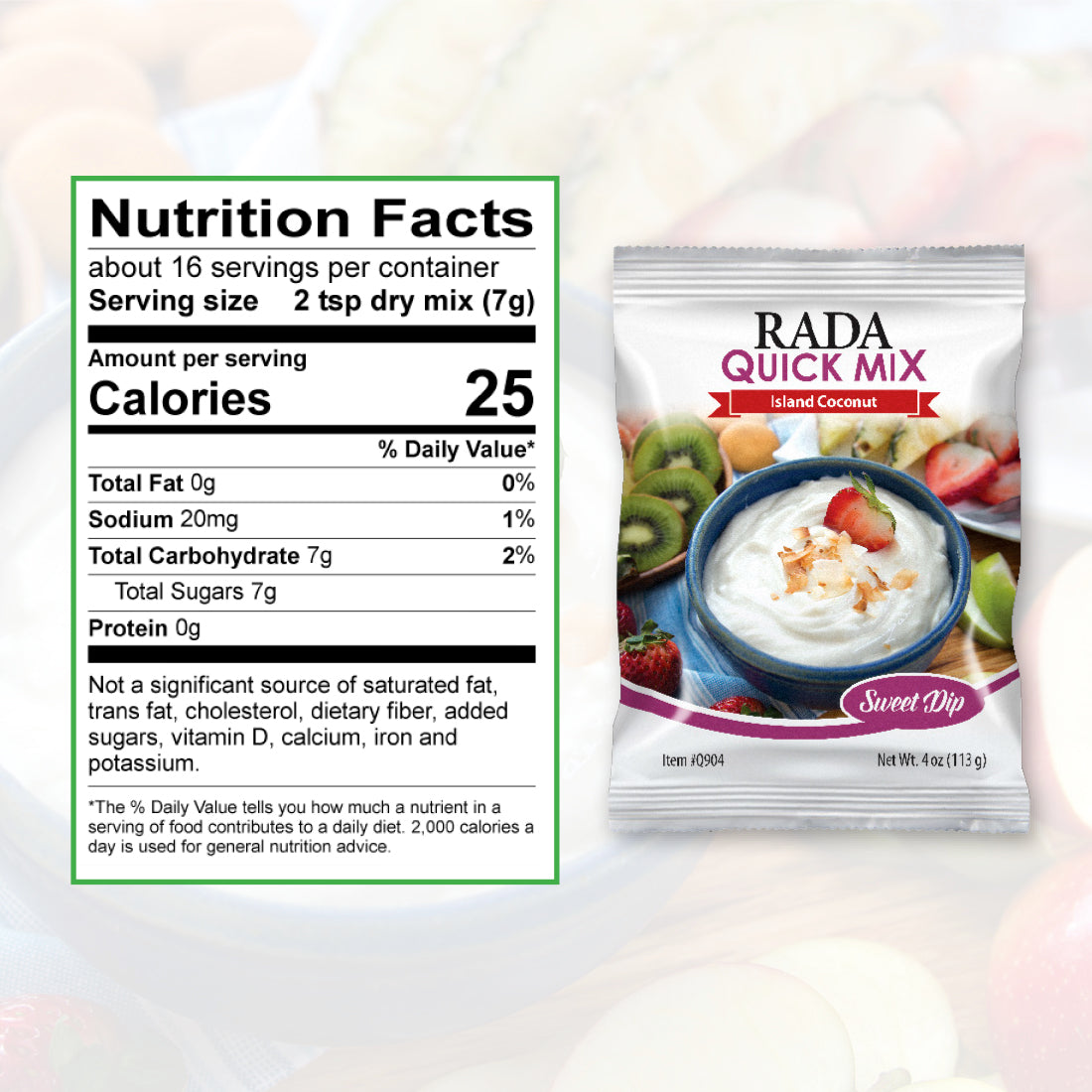 A packet of Island Coconut Sweet Dip quick mix with nutrition facts