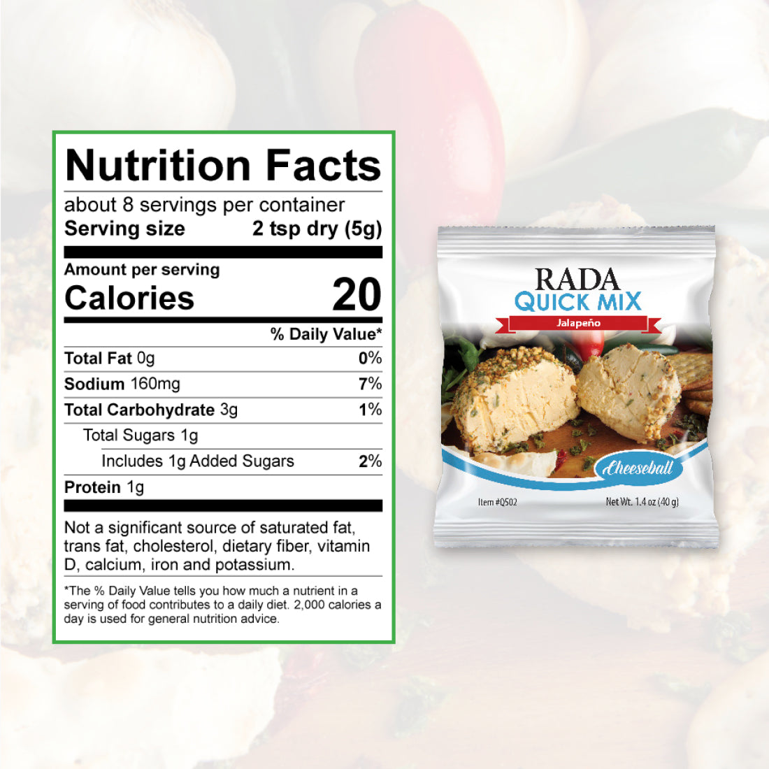 A packet of Jalapeno Cheeseball quick mix with nutrition facts