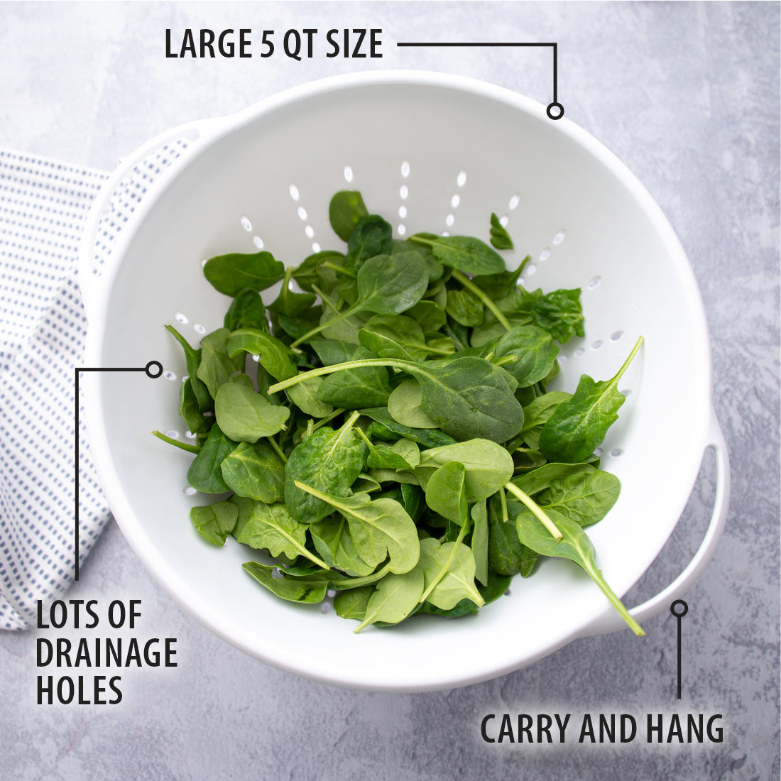 A Large 5 Qt. Colander full of fresh spinach