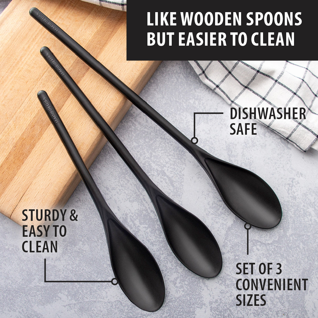 Three Rada Mixing Spoons leaning on a wood cutting board