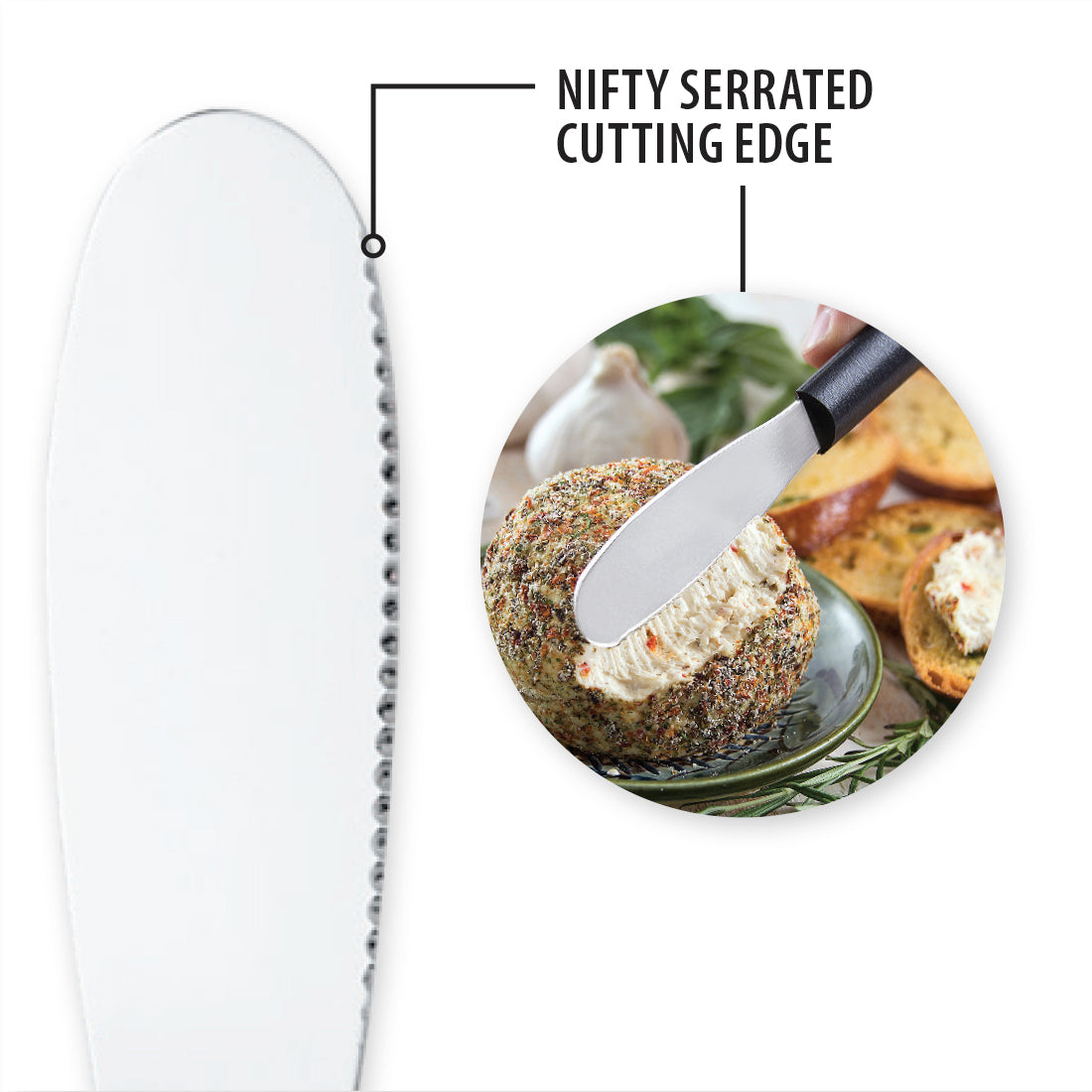 Nifty Serrated cutting edge. A Party Spreader cutting into a cheeseball.