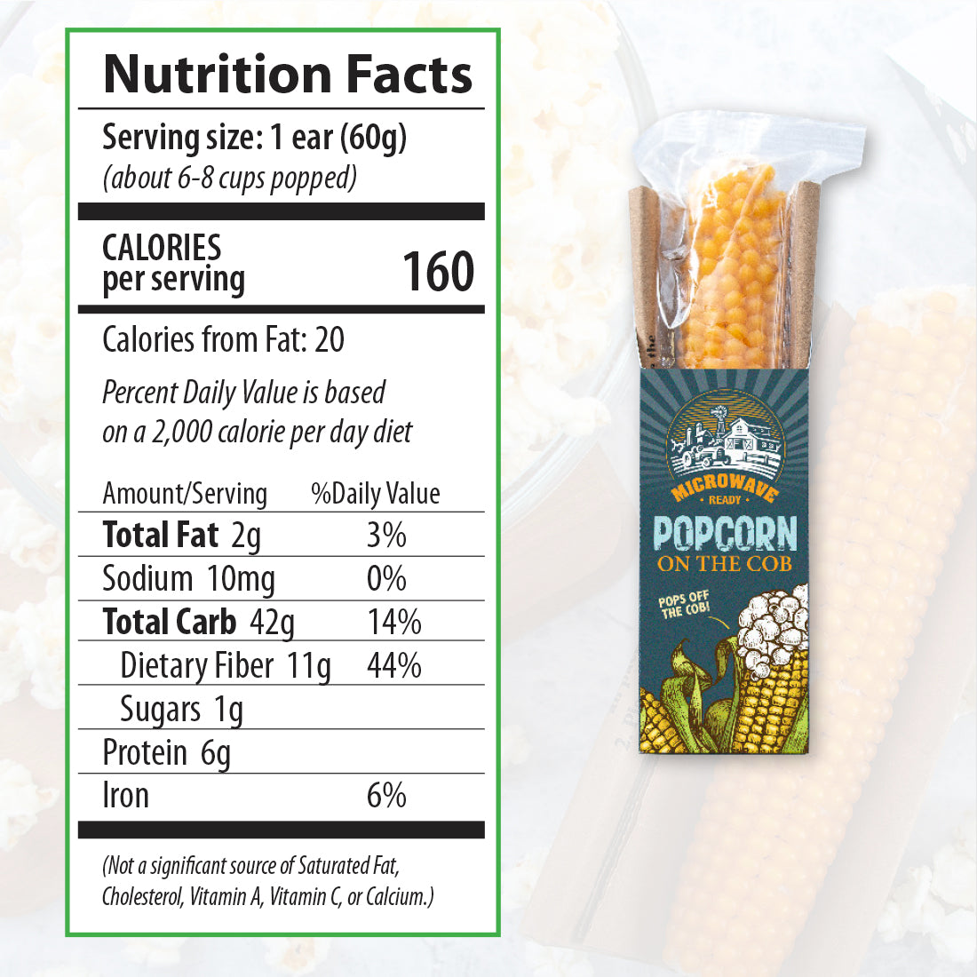 A package of Popcorn on the Cob with nutrition facts.