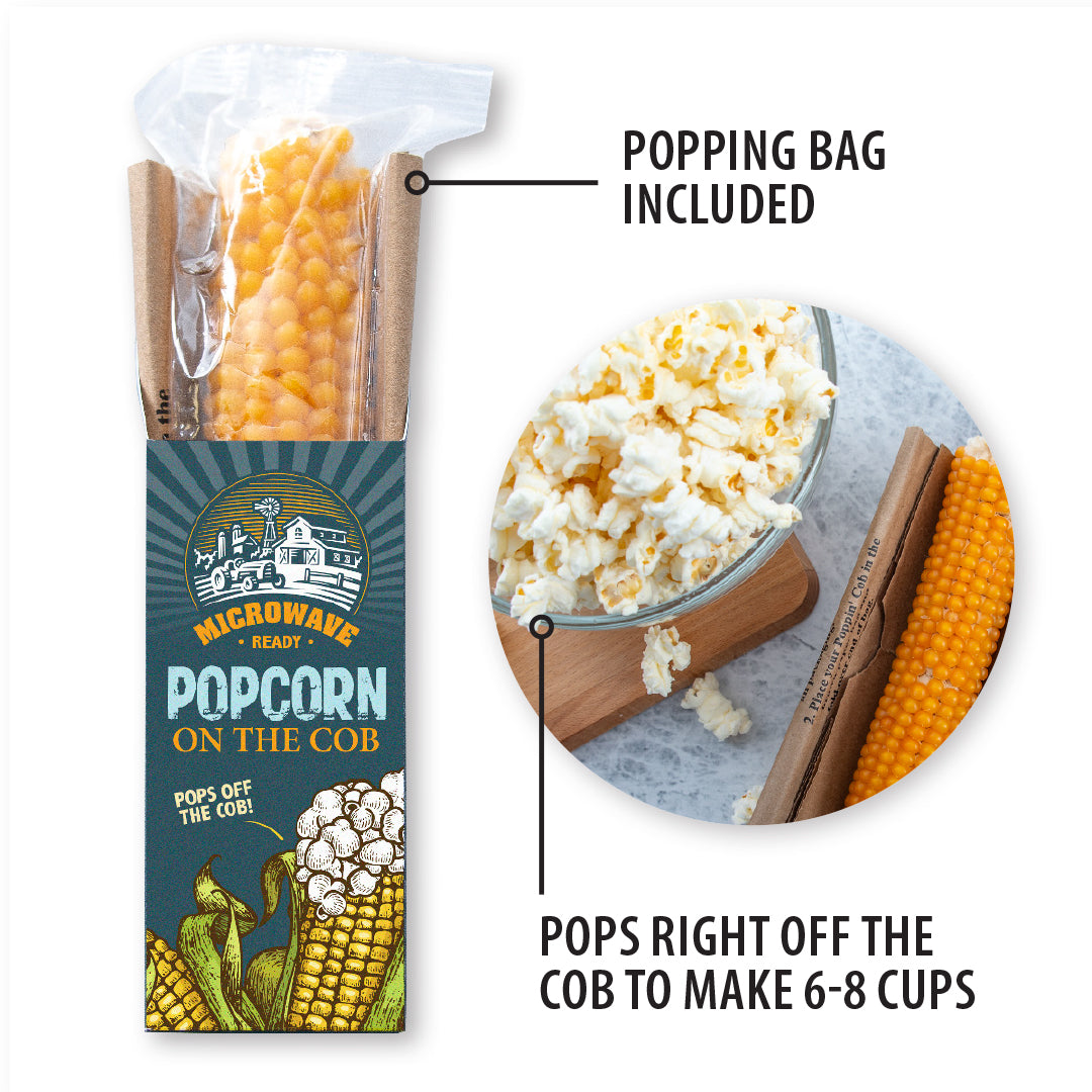 A bowl of popped popcorn next to a package of Popcorn on the Cob