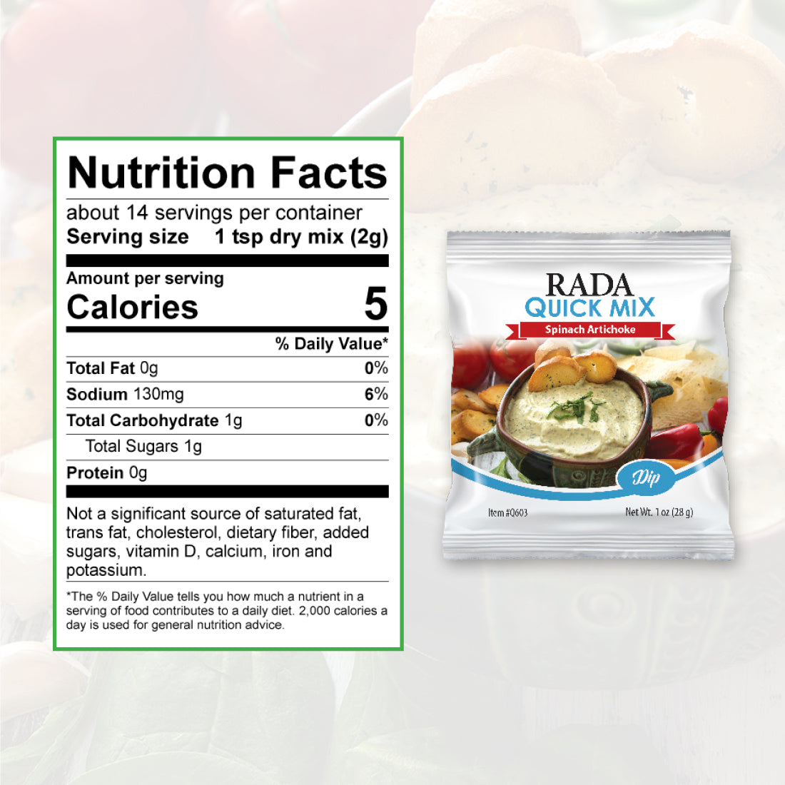 Spinach Artichoke Dip packet next to nutrition facts. About 14 servings per container. Serving size 1tsp dry mix (2g)