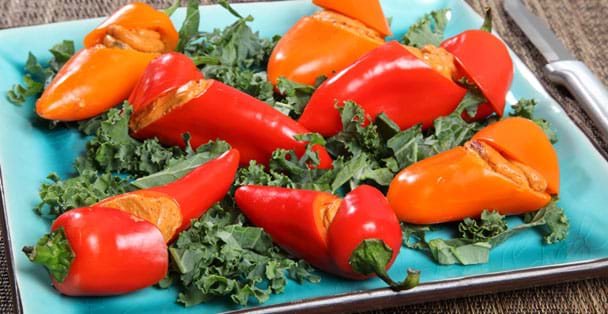 A plate of sweet mini peppers on plate with paring