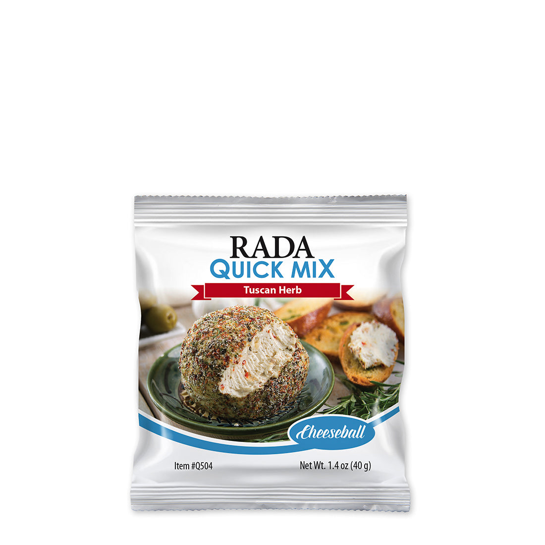 A packet of Tuscan Herb Cheeseball Quick Mix. Item #Q504. Net Wt. 1.4 oz (40g)