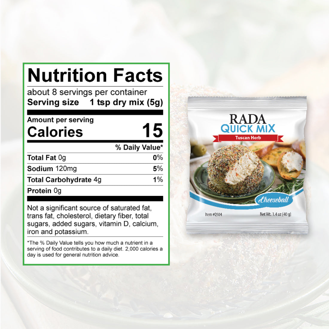 A packet of Tuscan Herb Cheeseball Quick Mix with nutrition information. About 8 servings per container.