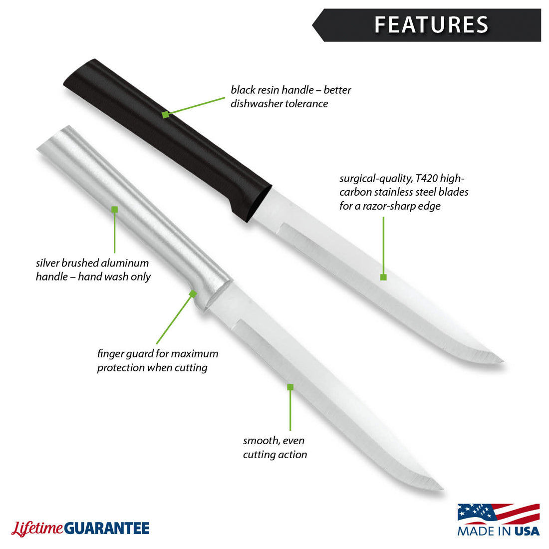 Utility/Steak knife features. Black resin handle- better dishwasher tolerance. Silver brushed aluminum handle- hand wash only
